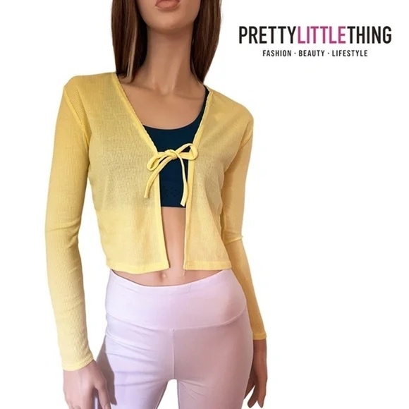 PrettyLittleThing Cardigan Sweater Yellow Lightweight Long Sleeve Front Tie NWOT - Picture 1 of 12